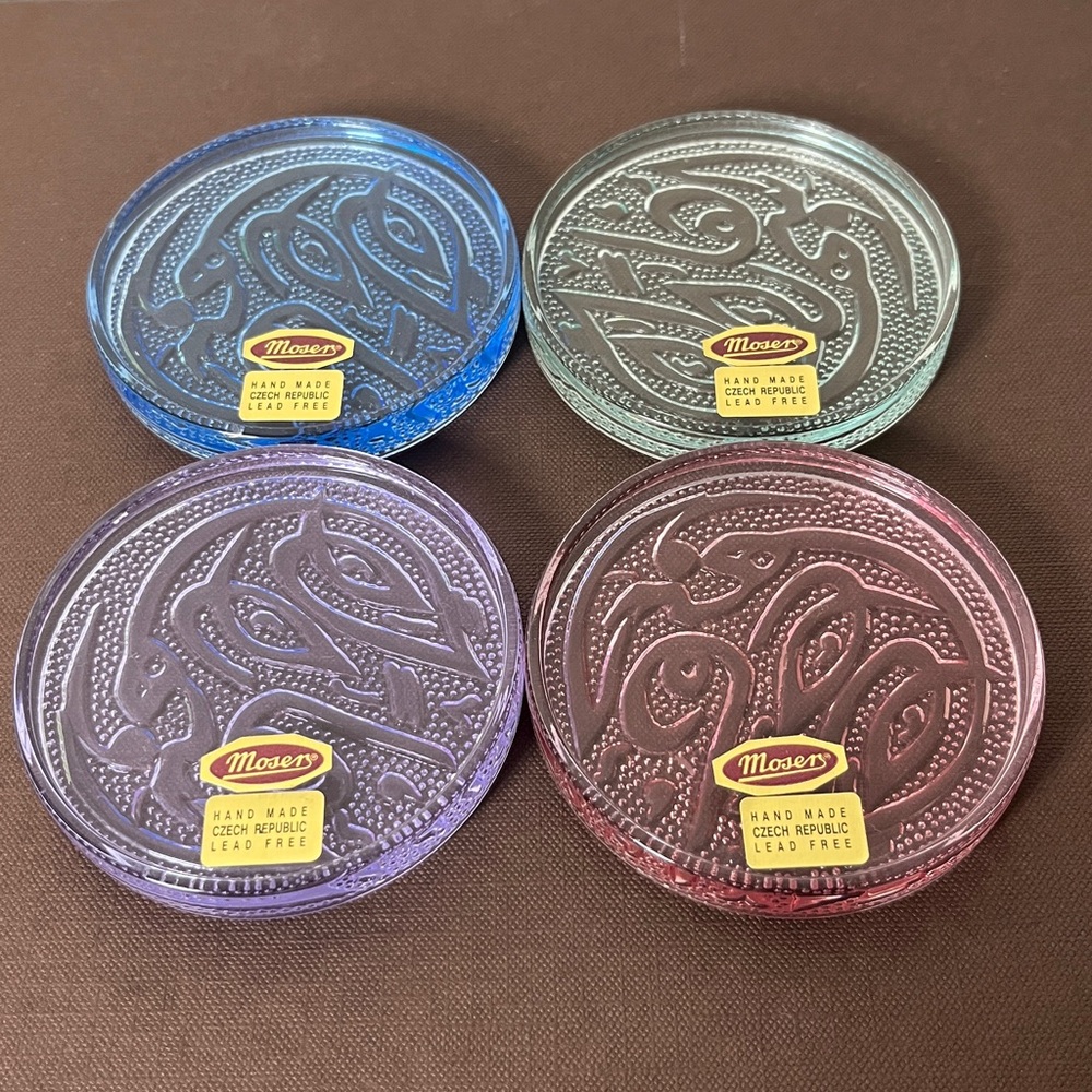 Moser Crystal RARE Custom Vintage Pink Green Blue Purple Coasters Czech Republic